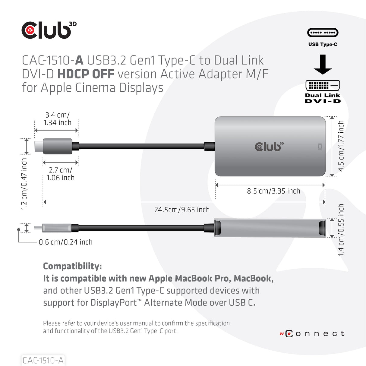 EAN 8719214471651 - CLUB3D CAC-1510-A adaptador de cable de vídeo 0,25 m USB Tipo C DVI-D Gris imagen 6