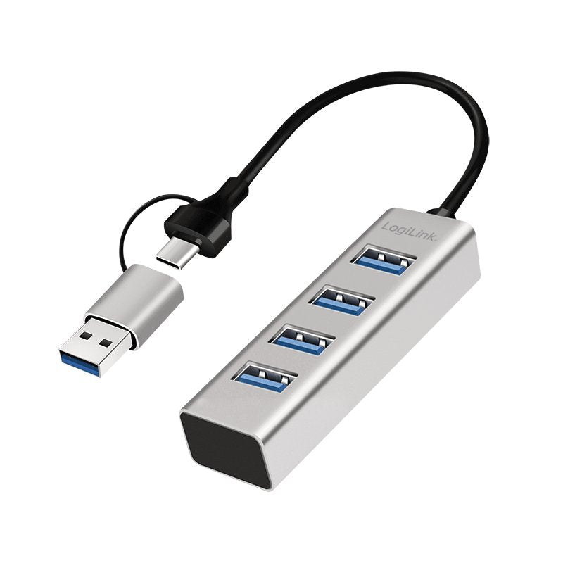 Hub Usb 3.0, 4x Usb-A, 5 Gbit/S, Cable De Conexión 2 En 1, Plateado