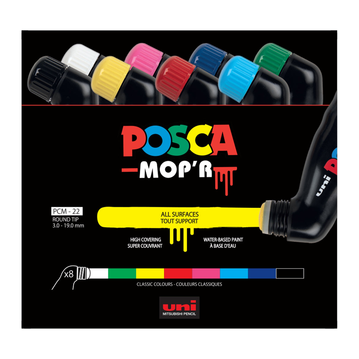 Posca Pcm-22 Pack De 8 Marcadores De Pintura - Punta Redondeada De Gomaespuma 3-19mm - Tinta Base Al Agua - Multi