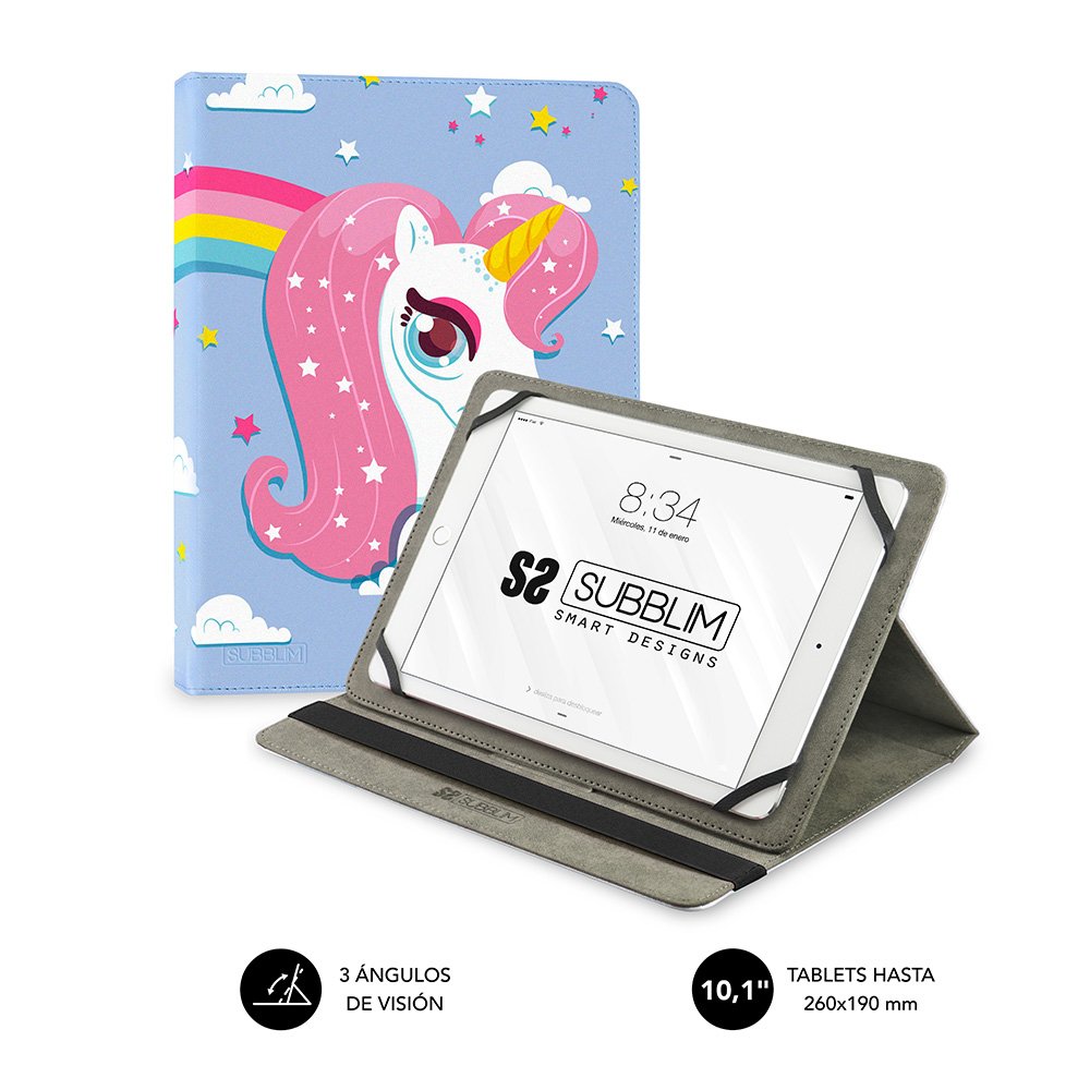 Funda Universal Subblim Trendy Case Unicorn Para Tablet Hasta 10.1'/25.6cm Stand 3 Ángulos Visión Fijaciones Silicona Cierre Banda