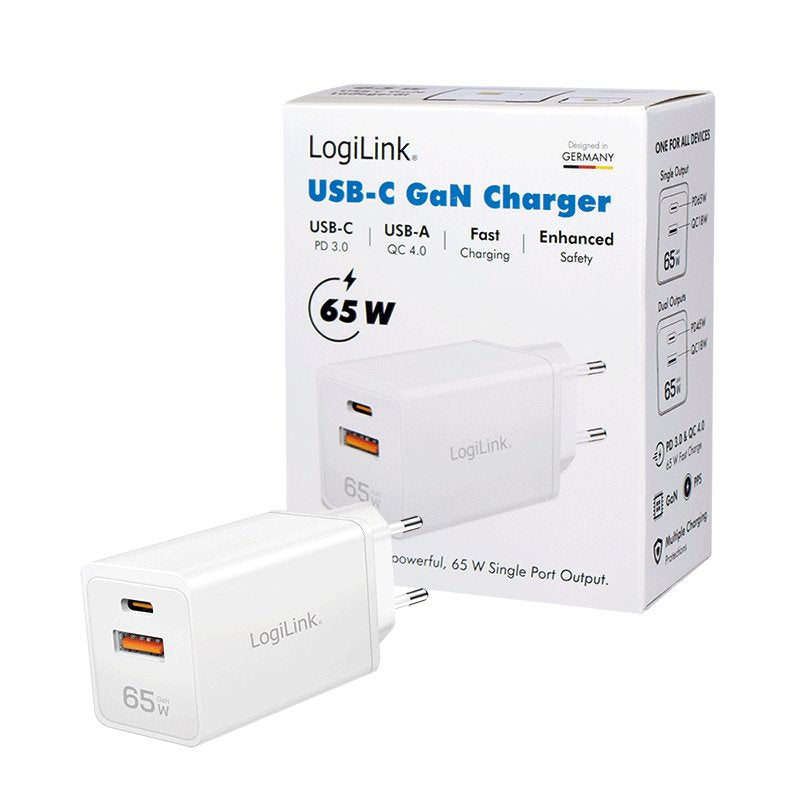 Logilink Usb-A C Charger, 65 W, Gan, 1x Usb-A (Qc), 1x Usb-C (Pd), Blanco