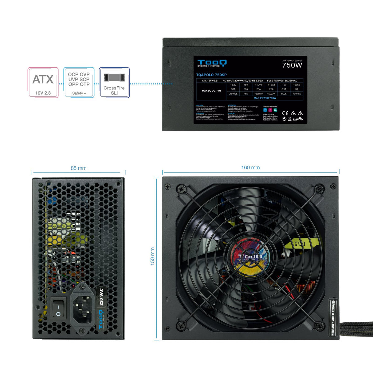 EAN 8433281010314 - TooQ TQAPOLO-750SP unidad de fuente de alimentación 750 W 20+4 pin ATX ATX Negro imagen 4