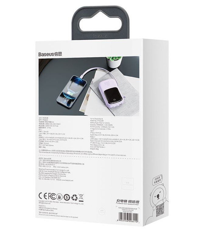 Power Bank Baseus Qpow 20000mah, Ip, Usb, Usb-C, 20w Z Kablem Ip Fioletowy