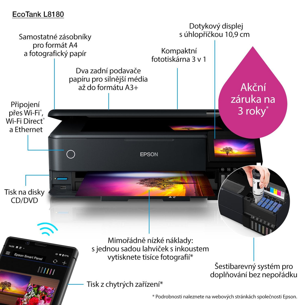 Impresora De Tinta Epson Ecotank L8180, 3in1, A4, 28ppm, Usb, Panel Lcd, 6ink