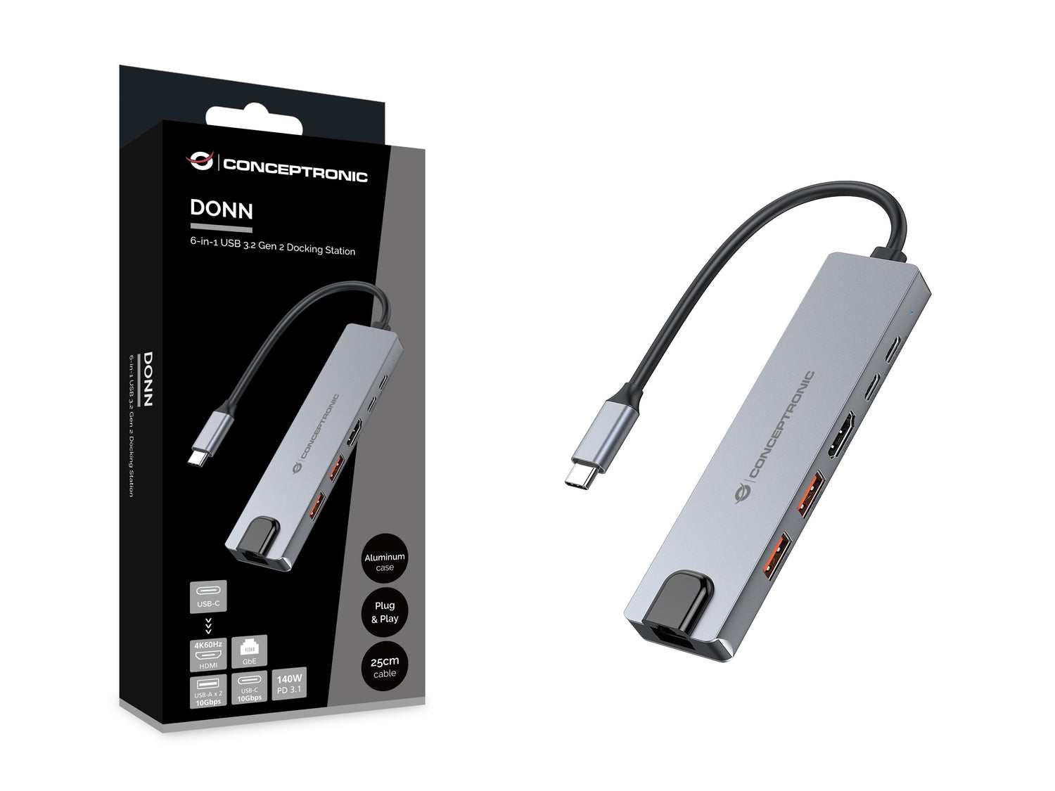 Docking Usb-C 6-In-1 Conceptronic 1xhdmi 4k 2xusb-A  3.1 1xusb-C 2xusb-C Pd140w 1xrj45 Giga