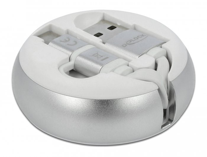 Delock Usb 2.0 2 In 1 Aufrollcable Typ-A Zu Micro-B Und Lightning 8 Pin Weiss Gold