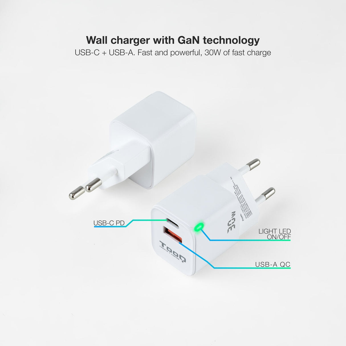 Tooq Cargador De Pared Gan Usb-C/Pd + Usb-A/Qc 30w - Blanco