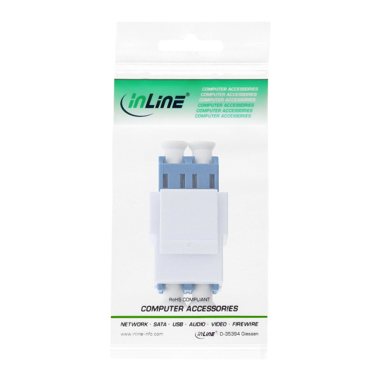 Adaptador Snap-In Keystone De Fibra Óptica Inline Blanco, Lc/Lc Dúplex, Sm, Funda De Cerámica, Azul