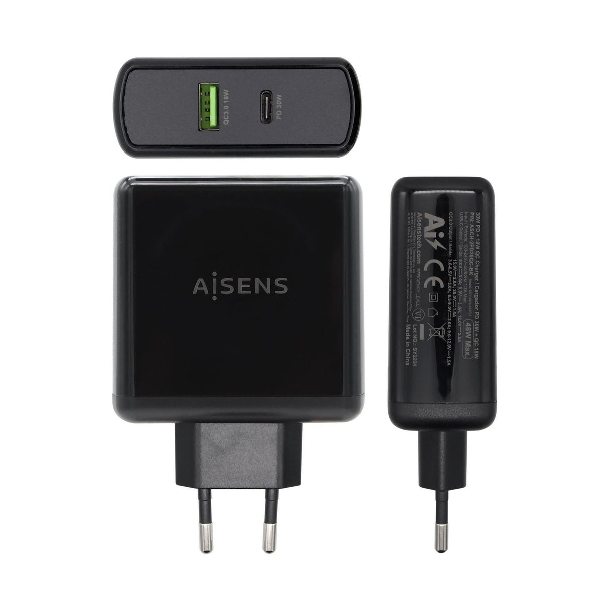 Aisens Cargador Para Smartphone 48w 1x Usb-C Pd3.0 30w, 1x Usb-A Qc3.0 18w