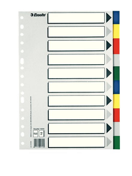 Esselte 10 Separadores Multitaladro Polipropileno Folio Colores Con Carátula Índice Cartón Blanco / Negro