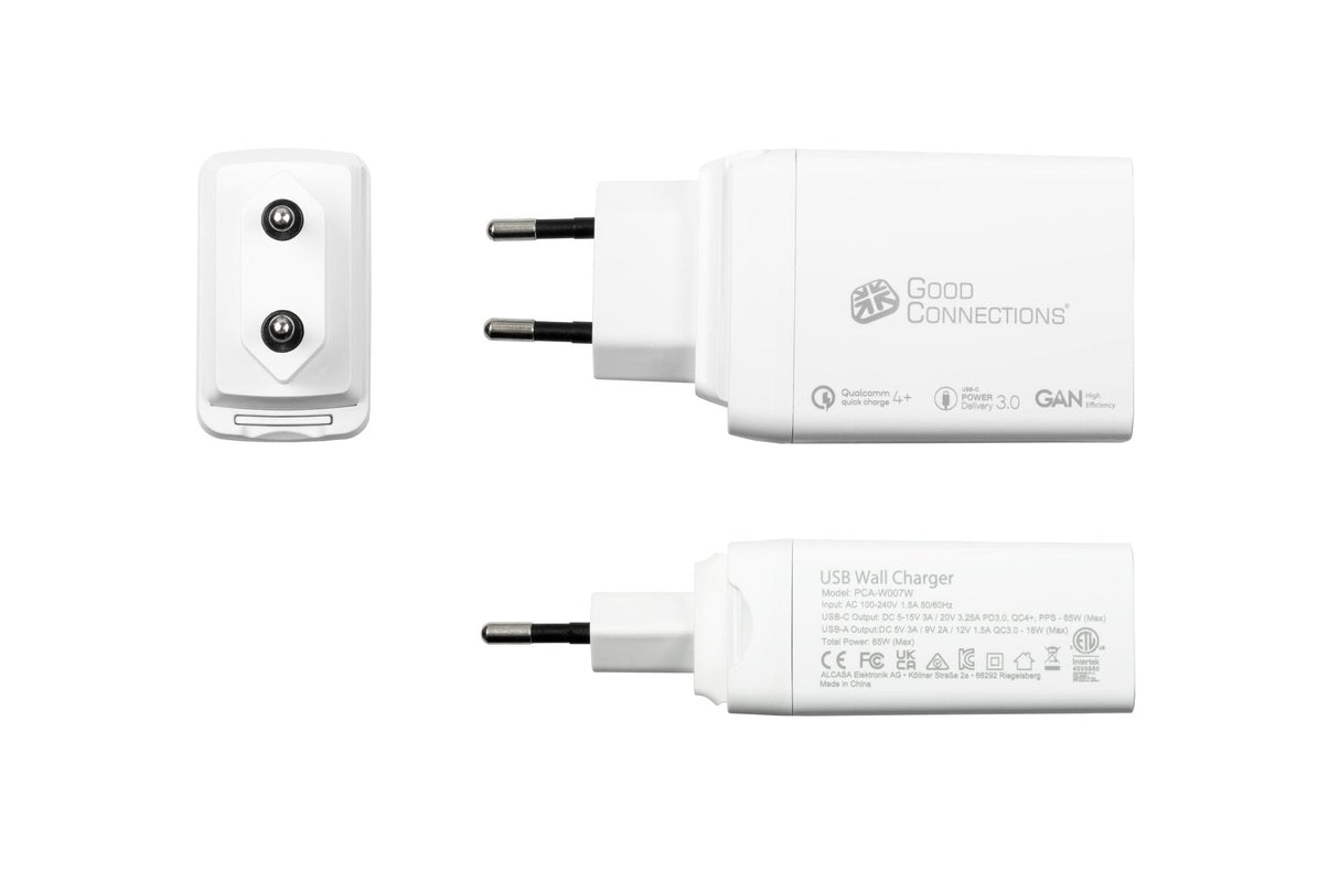Usb-Schnell Cargador 65w Mit Gan-Technologie 3-Port 2xusb-C Usb-A Pd3,0 Qc3,0 Goodconnections Blanco