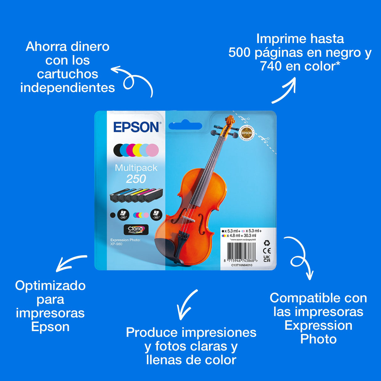 EAN 8715946743868 - Epson 250 Violin Claria Photo HD cartucho de tinta 1 pieza(s) Original Rendimiento estándar Negro, Cian, imagen 3