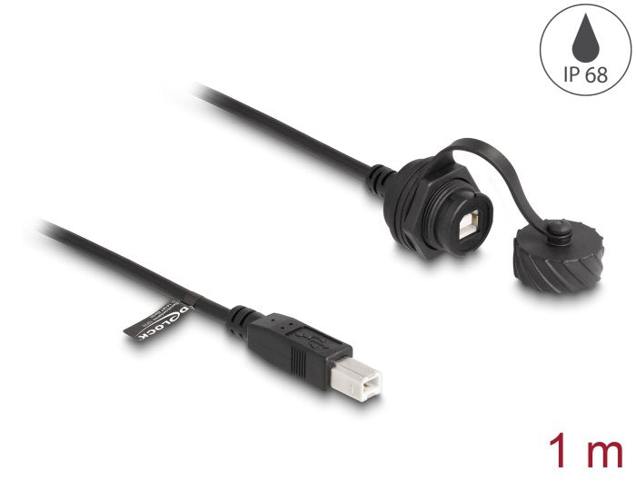 Delock 88011 Cable Usb 2.0 Tipo-B Macho A Usb 2.0 Tipo-B Hembra Para Instalación Con Tapa Protectora Ip68 Resistente Al Polvo Y Al Agua 1 M Negro