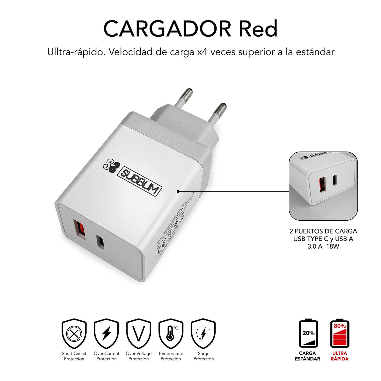 Subblim Cargador Ultra Rapido 2xusb De Pared Pd25w+Qc3.0+Cable C To C Y Lightning Blanco
