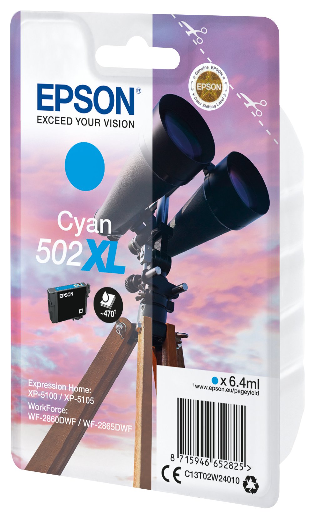 Epson Binoculars Singlepack Cyan Xl Supl 502xl Ink 6.4 Ml Para Expression Home Xp-5100, Workforce Wf-2860