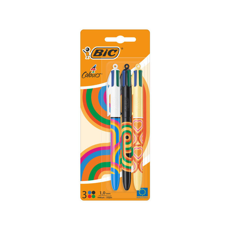 Bic 4 Colours Decors Pack De 3 Boligrafos De Bola Retractil - Punta Media De 1.0mm - Tinta Con Base De Aceite - 4