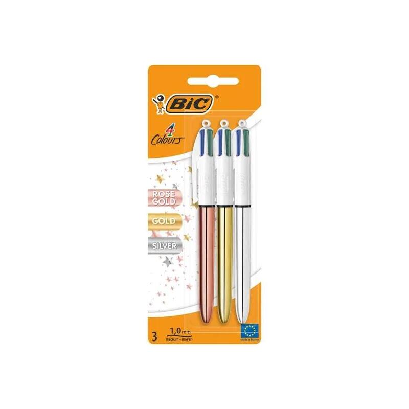 Bic 4 Colours Pack De 3 Boligrafos De Bola Retractil - Punta De 1mm - Trazo De 0.4mm - Tinta Con Base De Aceite -