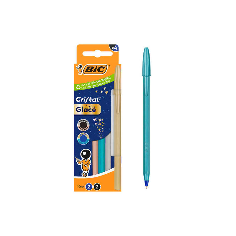 Bic Cristal Glace Pack Con 4 Boligrafos De Bola - Cuerpo Opaco En Colores Metalizados Mate - Punta Redonda De 1mm -
