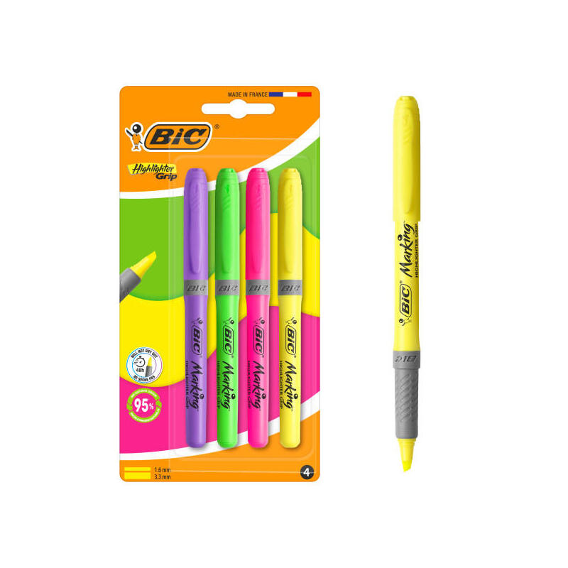 Bic Highlighter Grip Pack Con 4 Marcadores Fluorescentes - Punta Biselada - Trazo Entre 1.60 Y 3.30 Mm - Grip