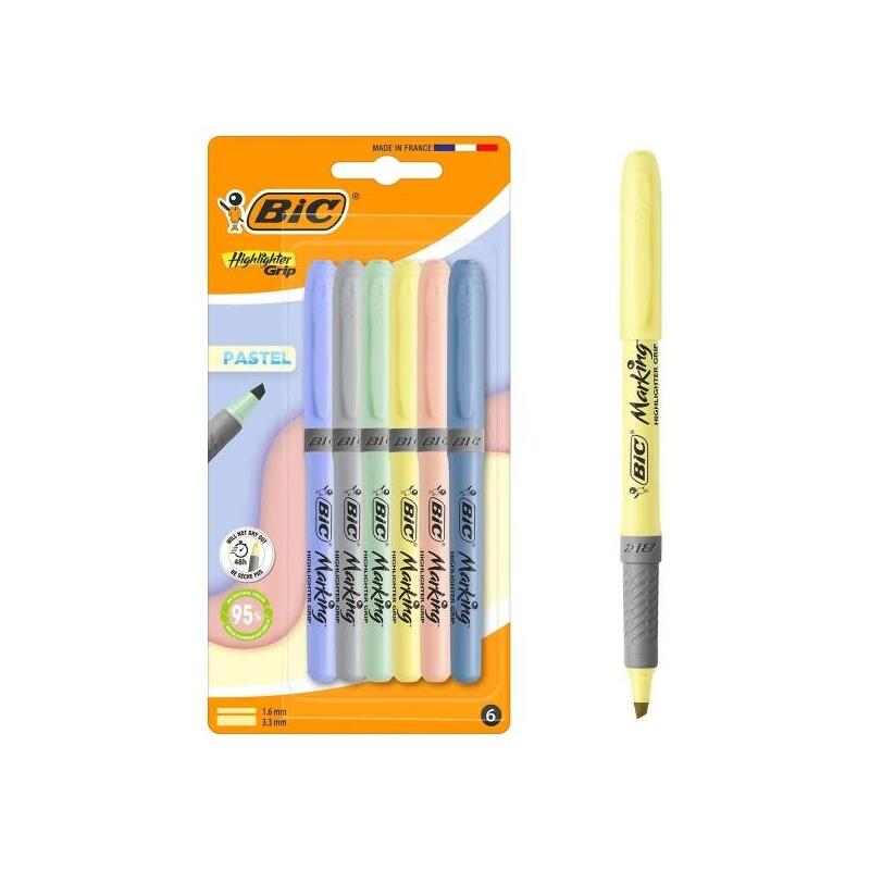 Bic Highlighter Grip Pastel Pack Con 6 Marcadores Fluorescentes Pastel - Punta Biselada - Trazo Entre 1.60 Y 3.30 Mm -