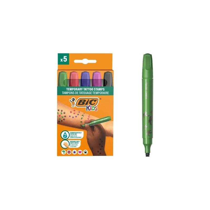 Bic Kids Pack De 5 Rotuladores De Sellos Para Tatuajes Temporales - Tinta Dermatologicamente Testada Y Sin Perfume -