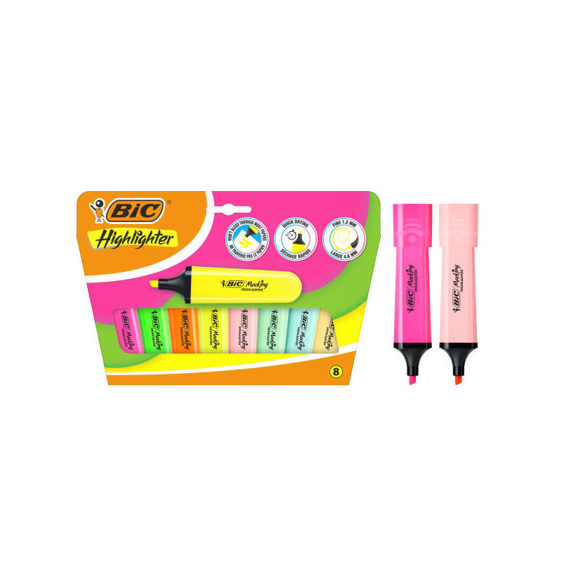 Bic Marking Highlighter Flat Pack De 8 Marcadores Fluorescentes - Punta Biselada - Trazo Entre 1.20 Y 4.60 Mm - Tinta