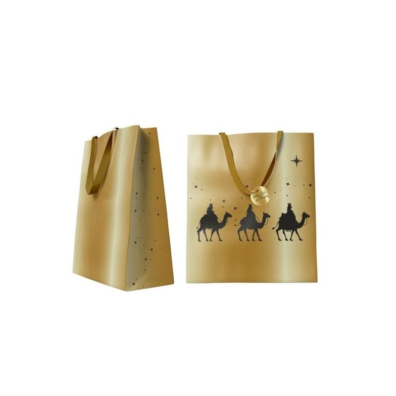 Bismark Bolsa De Papel Reyes Magos - Medidas 24x32x10cm - Tarjeta Colgante - Oro
