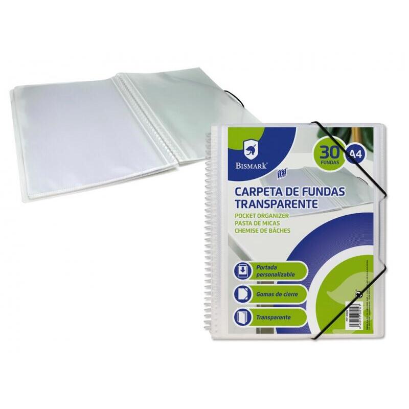Bismark Carpeta Espiral 30 Fundas Transparente - Polipropileno - Portada Personalizable - Tamaño A4 - Espiral Plastica