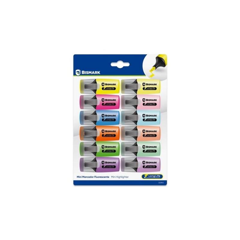 Bismark Long-Life Pack De 12 Mini Marcadores Fluorescentes - 6x Neon Y 6x Pastel - Tinta De Secado Rapido - Punta