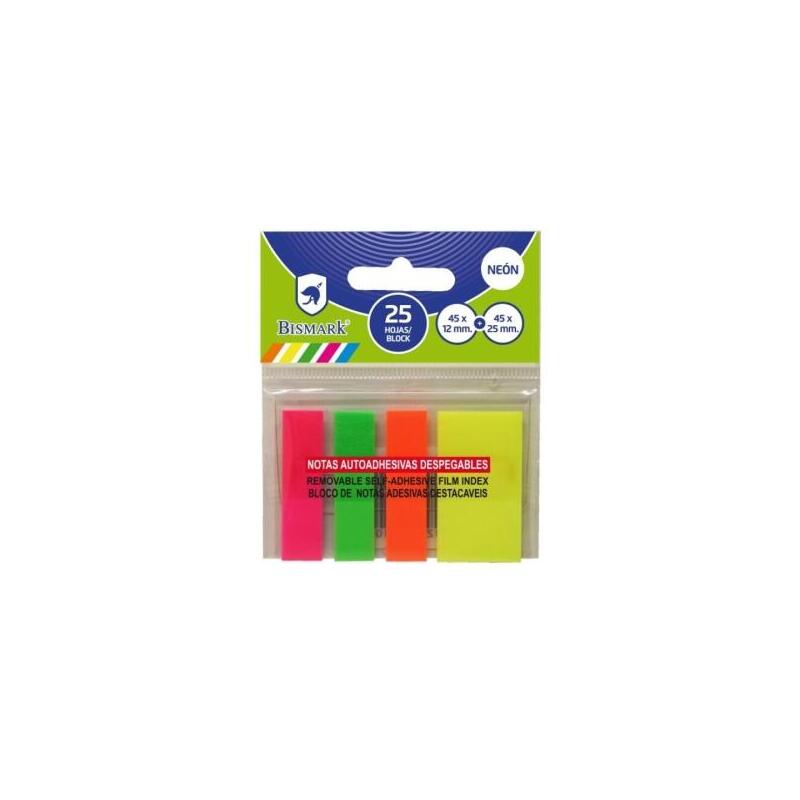 Bismark Pack De 100 Indices Adhesivos 3x 45mm X 12mm Y 1x 45mm X 24mm - Colores Neon Surtidos