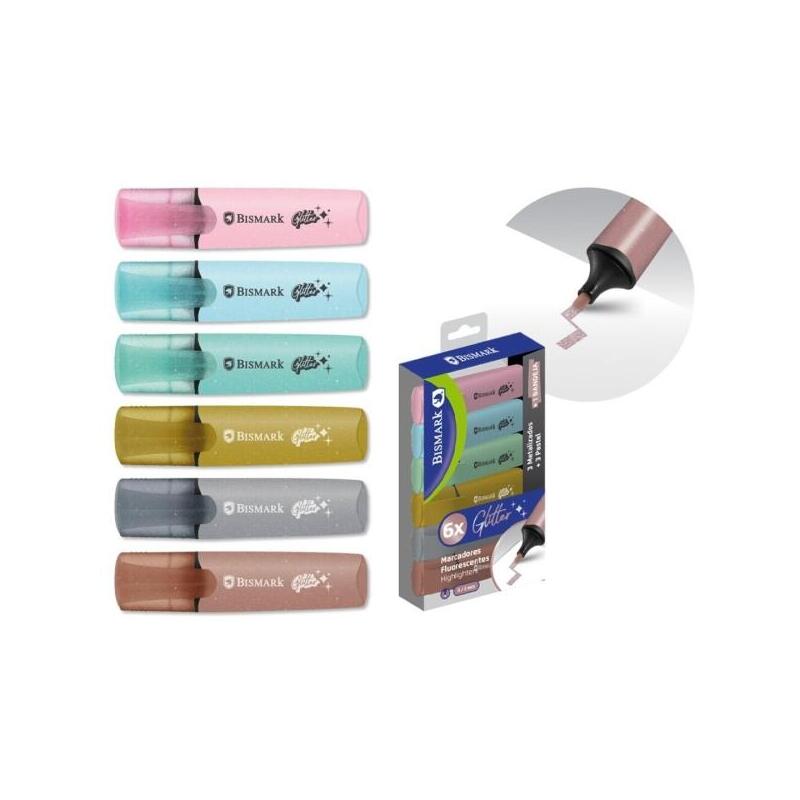 Bismark Pack De 6 Marcadores Fluorescentes Glitter - 3x Pastel Y 3x Metalizados - Tinta De Secado Rapido - Punta