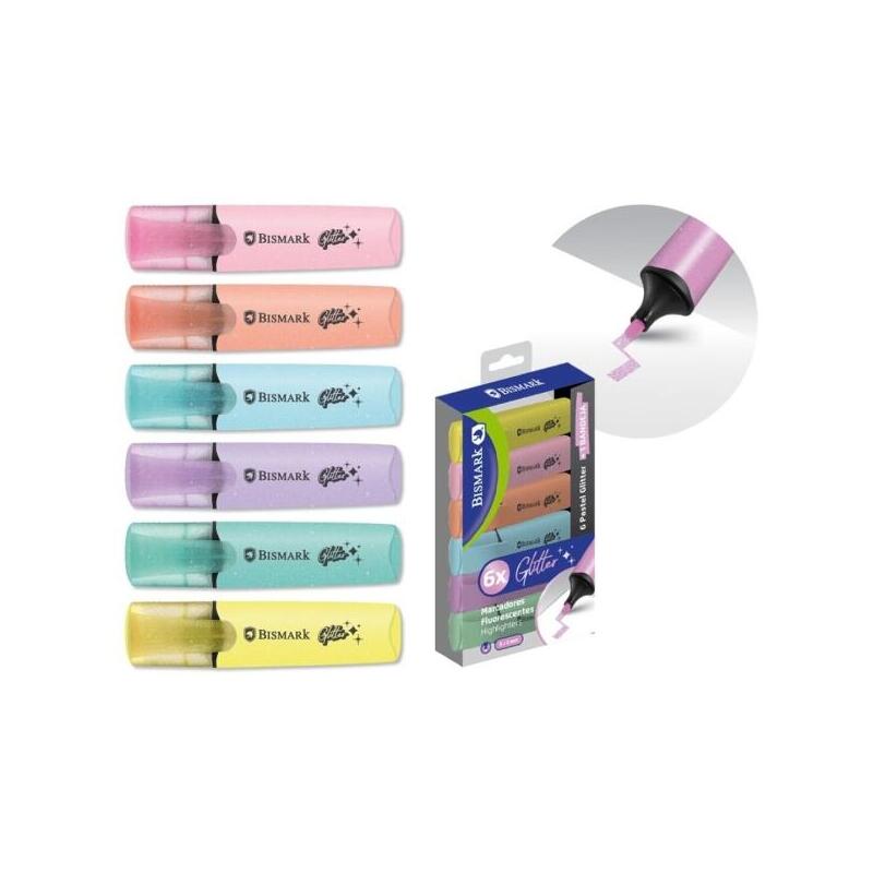 Bismark Pack De 6 Marcadores Fluorescentes Glitter Pastel - Tinta De Secado Rapido - Punta Biselada - Ideal Para