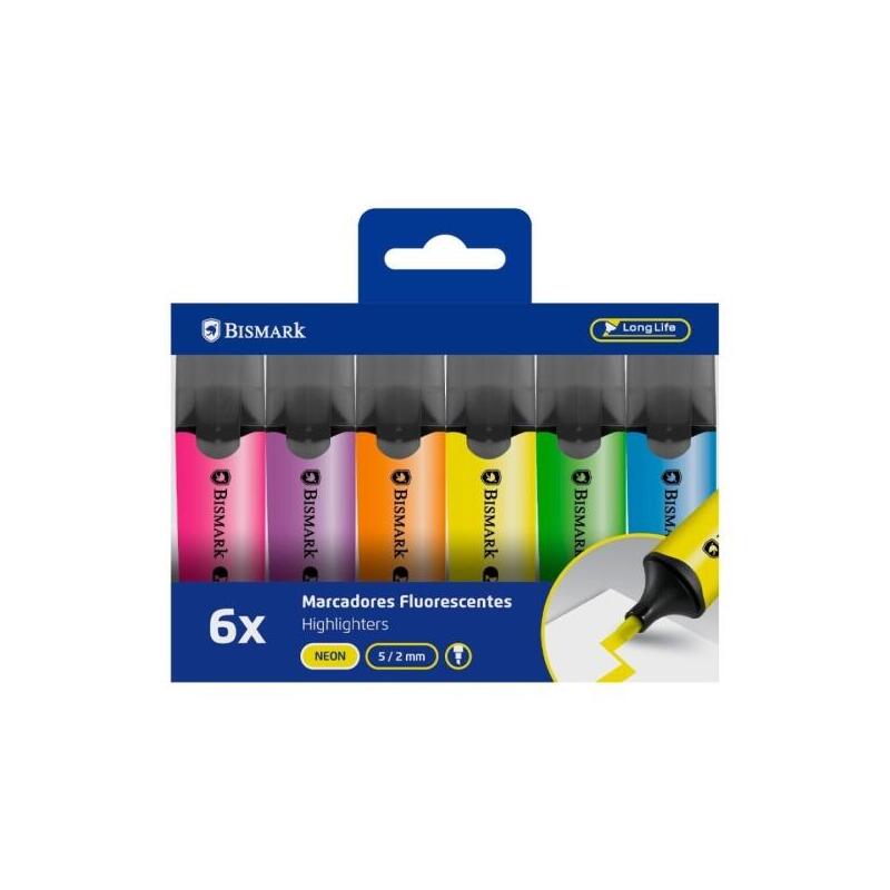 Bismark Pack De 6 Marcadores Fluorescentes - Punta Biselada 2 - 5mm Aprox - Tinta Base De Agua - Larga Duracion -