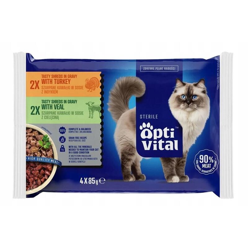 Bolsas Estériles Optivital Alimento Completo Para Gatos Adultos Esterilizados. Con Pavo Y Ternera 4x85g