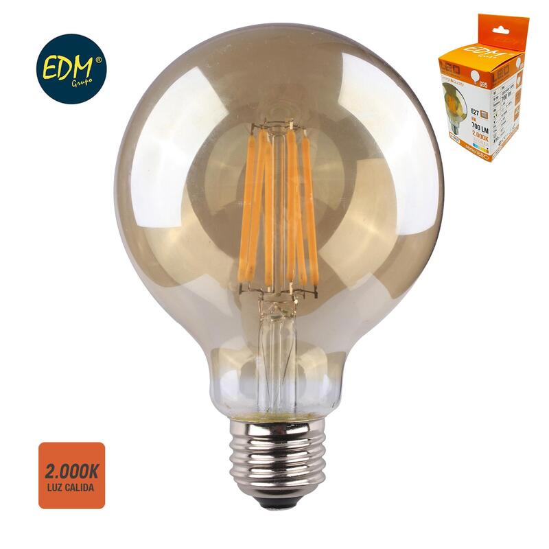 Bombilla De Globo Con Filamento De Led. Cristal Vintage E27 8w 720lm 2000k Luz Calida Ø9,5x14cm Edm