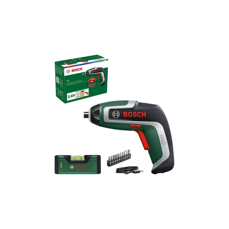 Bosch Bricolaje Y Jardín Destornillador A Batería Ixo 7 Juego De Camión Cisterna 3,6 Voltios Verde/Negro, Batería De Iones De Litio 2,0 Ah, Nivel De Burbuja 12 Cm, Juego De Puntas 06039e0008