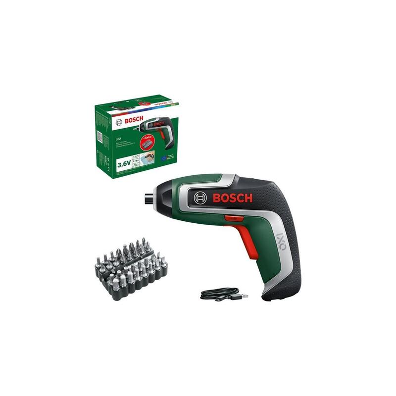 Bosch Bricolaje Y Jardín Destornillador Inalámbrico Ixo Juego De 7 Puntas 3,6 Voltios Verde Negro, Batería De Iones De Litio 2,0 Ah, Juego De Puntas De Destornillador De 32 Piezas 06039e000b