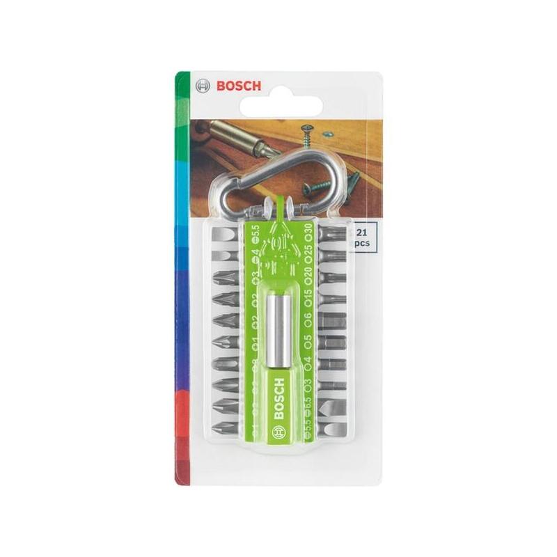 Bosch Diy & Garden Juego De Puntas De Destornillador Con Mosquetón, Juego De Puntas Verde Claro, 21 Piezas