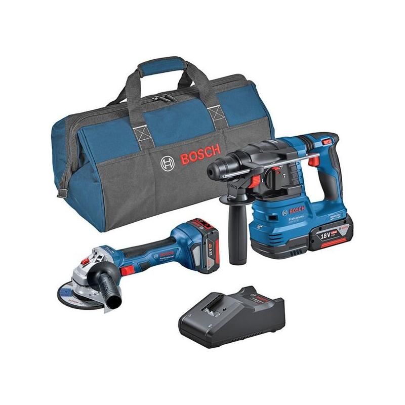 Bosch Professional Juego Combinado De Amoladora Angular A Batería Gws 18v-7 + Taladro Percutor A Batería Gbh 18v-22, Juego De Herramientas Azul, 2 Baterías De Iones De Litio De 4,0 Ah, Bolsa De Herramientas
