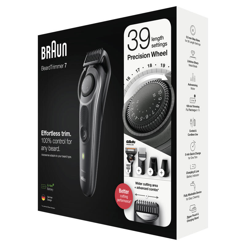 Braun Barttrimmer 7, Trimmer/Haarschneider Herren, Haarschneidemaschine, Fã¼r Gesichts- Und Kopfhaare, Lebenslang Scharfe Klingen, 39 Lã¤Ngeneinstellungen, Bt7340, Schwarz/Grau-Metallic