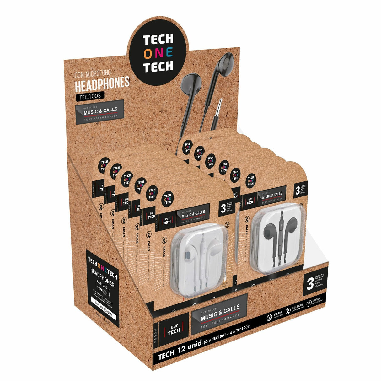 Expositor De Auriculares Tech One Tech Eartech Tec1003 Con Micrófono Jack 3.5 Incluye 6 Auriculares Blancos Y 6 Auriculares Negros