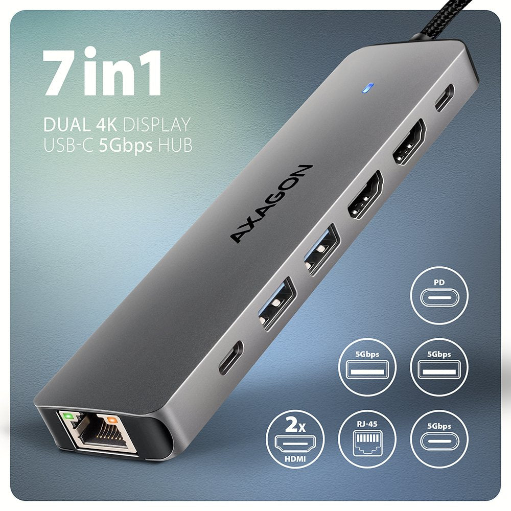 Hmc-7hx2 Wieloportovy Hub Usb 7in1, 5gbps, 2x Usb-A, 1x Usb-C, 2x Hdmi 4k/60hz, Glan, Pd 100w, 15cm Usb-C Kabel