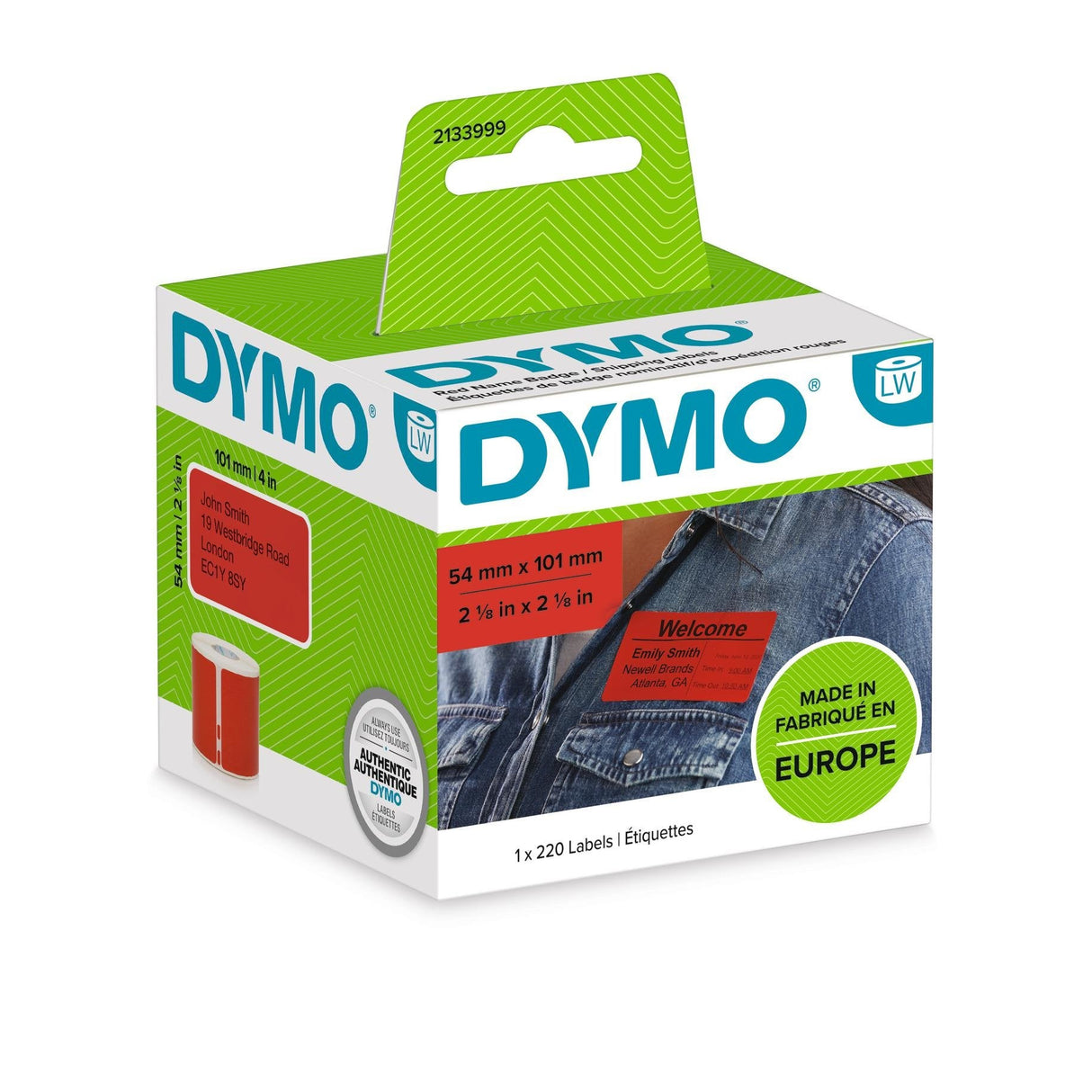 Dymo Etiquetas De Transferencia Termica Label Writer 99014, Rojo De 54x101mm (A X L). Etiquetas Grandes De Identificación/Envío. Rollo De 220 Ud