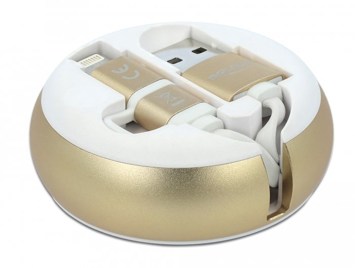 Delock Usb 2 In 1 Aufrollcable Typ-A Zu Micro-B Und Lightning Weiss Gold