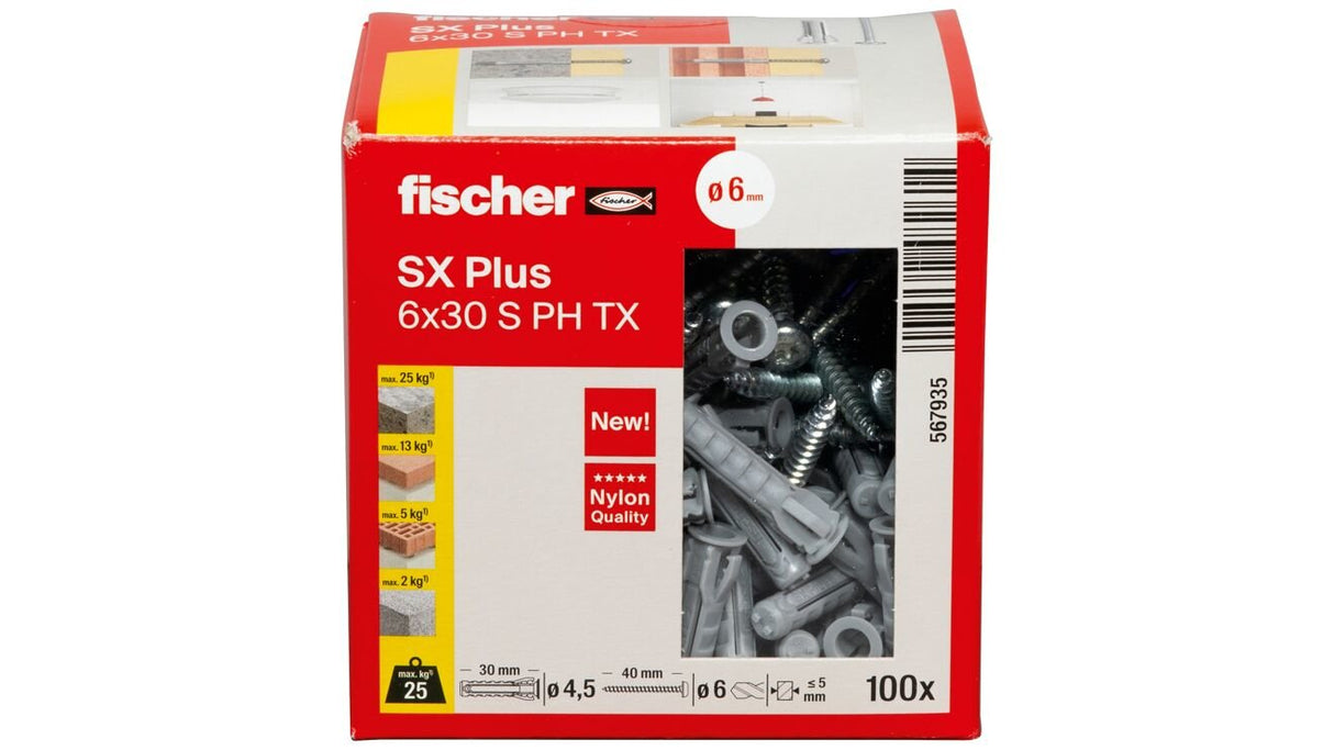 Taco Fischer Sx Plus 6x30 Ph Tx Gris Claro, 100 Piezas, Con Tornillo Torx 567935