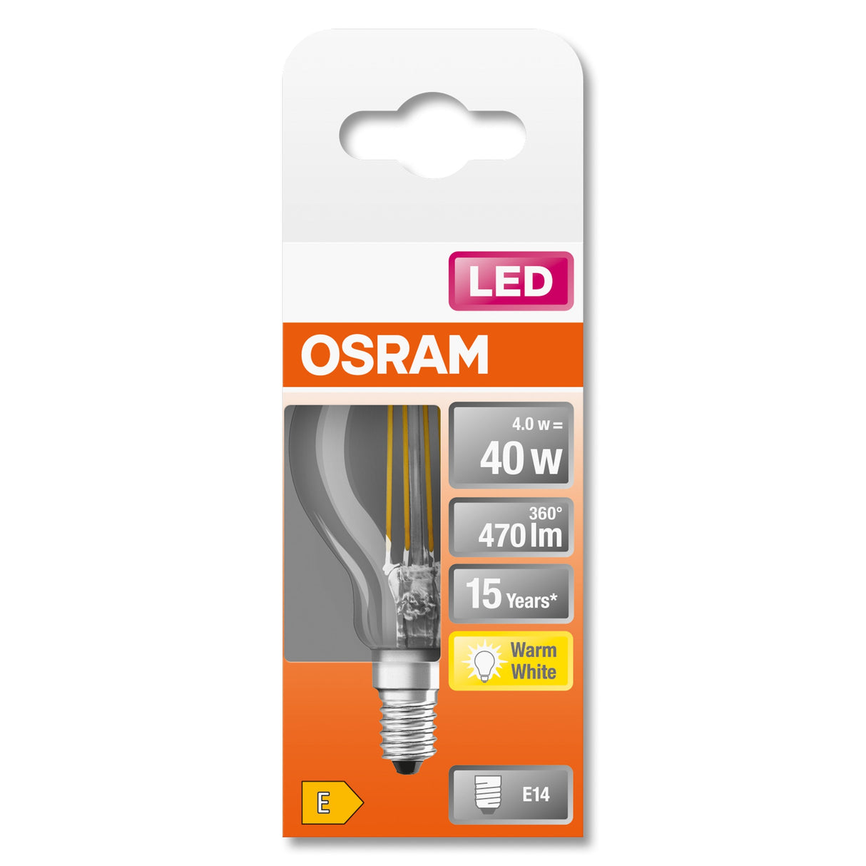 Bombilla Led Osram Filamento Esférico Transparente - 4 W = 40 W - E14 - Blanco Cálido