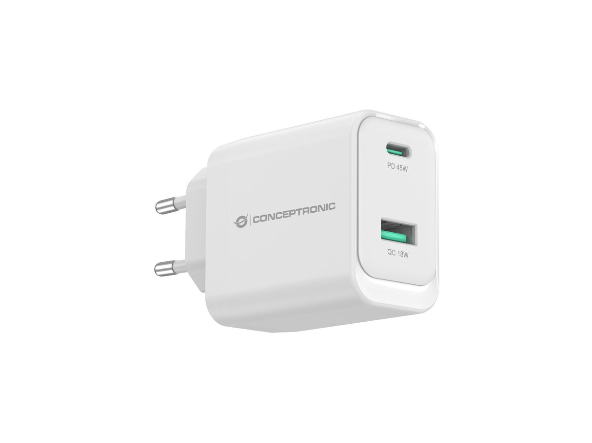 Cargador De Pared Quick Charge 3.0 Pd  Pps 1 Puerto Usb-C 1 Puerto Usb-A Conceptronic Althea 45w