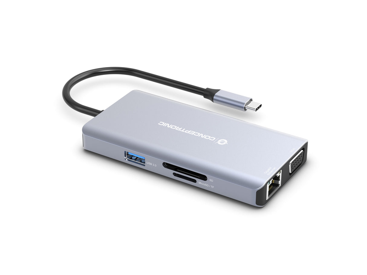 Dock Usb-C 10in1 Conceptronic Hdmi Vga Usb 3.0 Usb-A Audio Lan Gigabit Lector De Tarjetas Usb-C Pd 100w