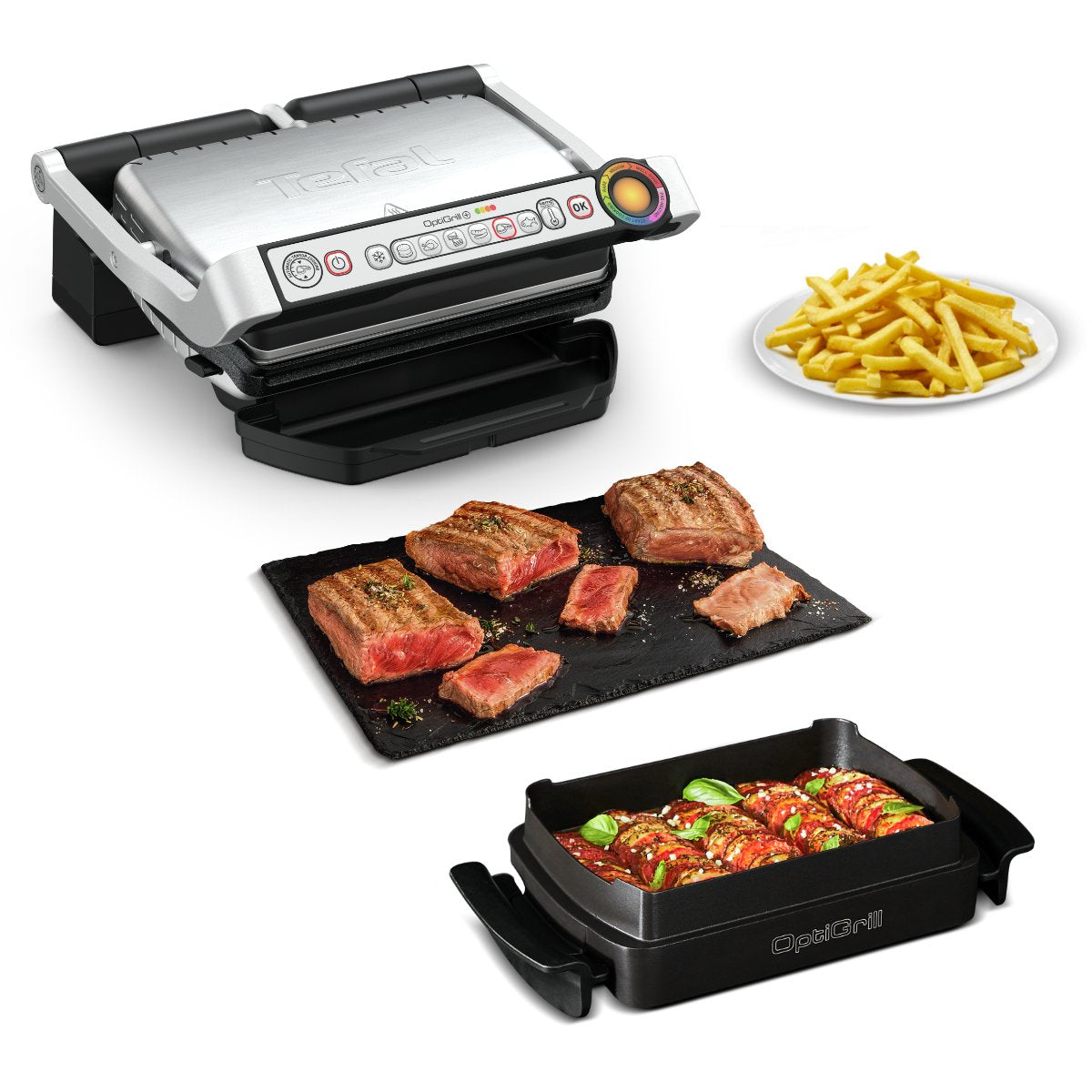 Tefal Optigrill + Snacking & Baking Gc714d, Parrilla De Contacto Plateado/Negro, 2000 Vatios Gc714d