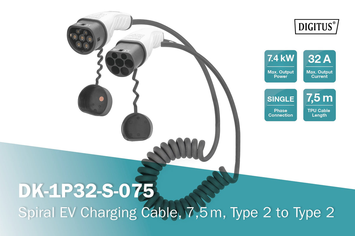 EAN 4016032481485 - Digitus DK-1P32-S-075 cable de carga para vehículo eléctrico Type 2 imagen 3